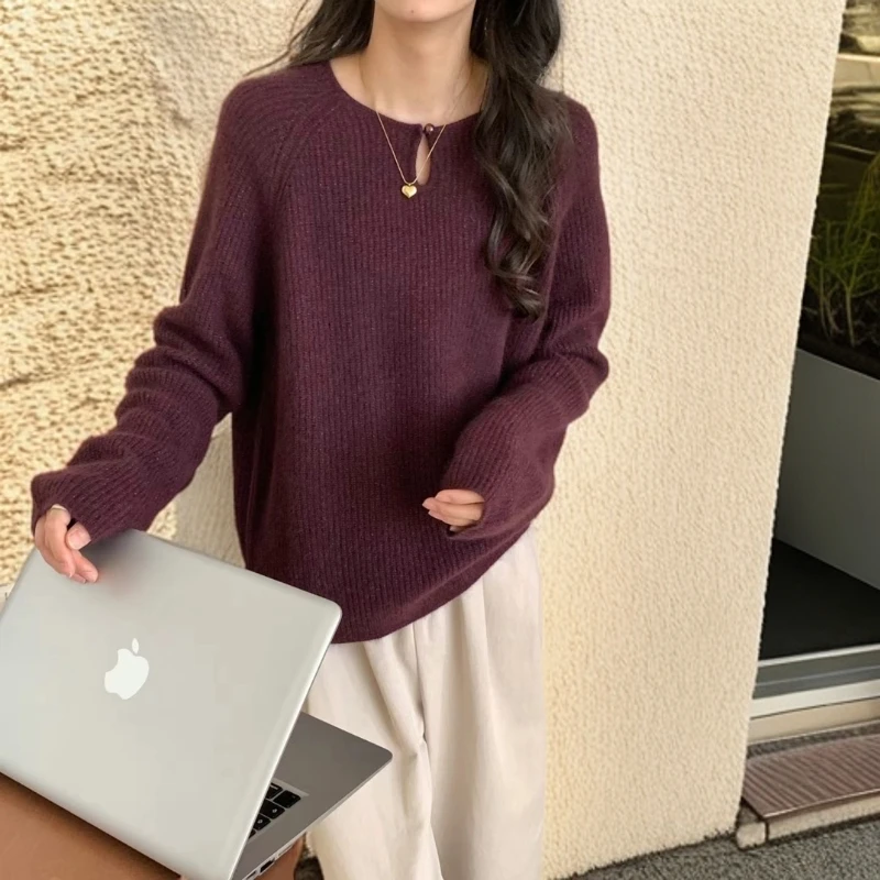 秋冬山羊绒圆领设计感毛衫长袖针织宽松百搭气质05819