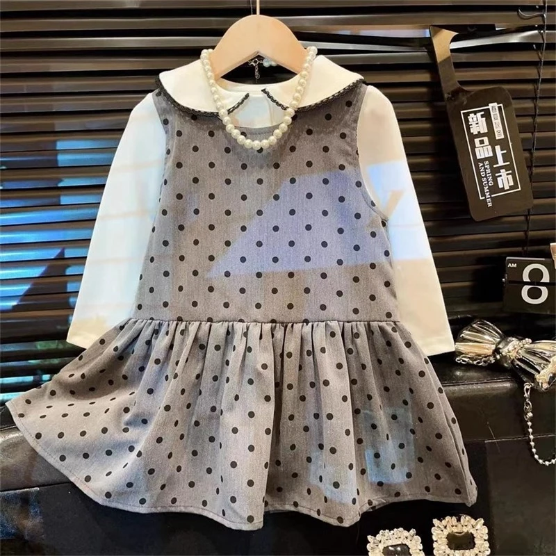 2025韩版女童波点背心裙春秋季新款洋气时尚儿童娃娃领打底衫套装