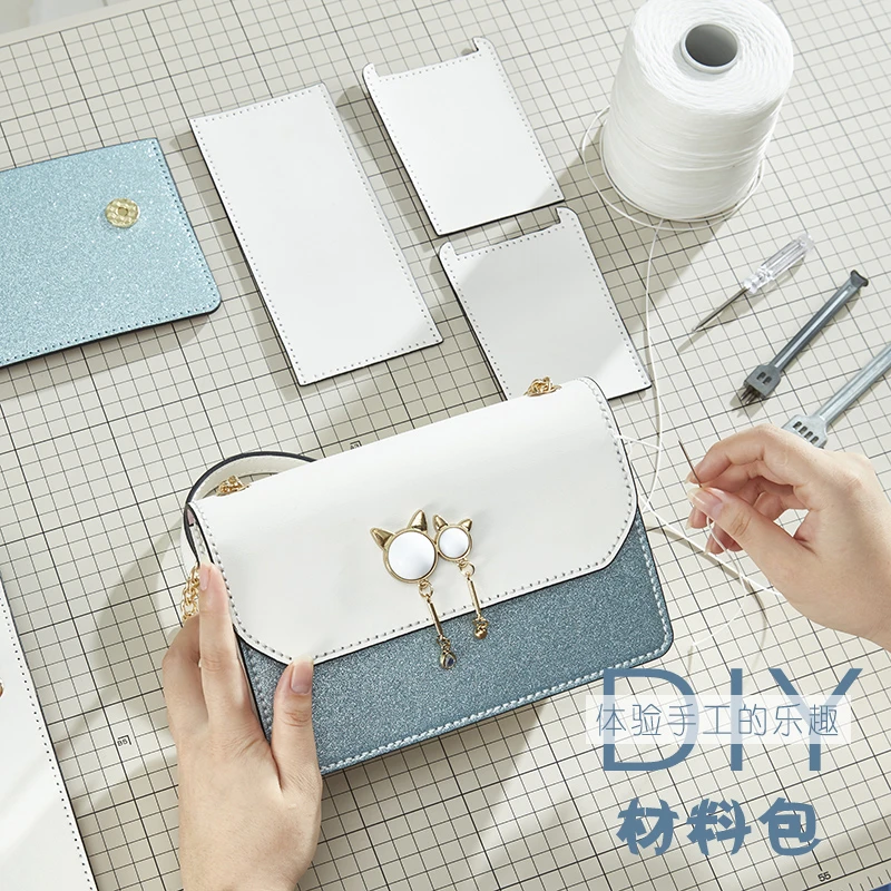 diy手工真牛皮小方包 手缝单肩斜跨质感材料包亲手做礼物实用漂亮