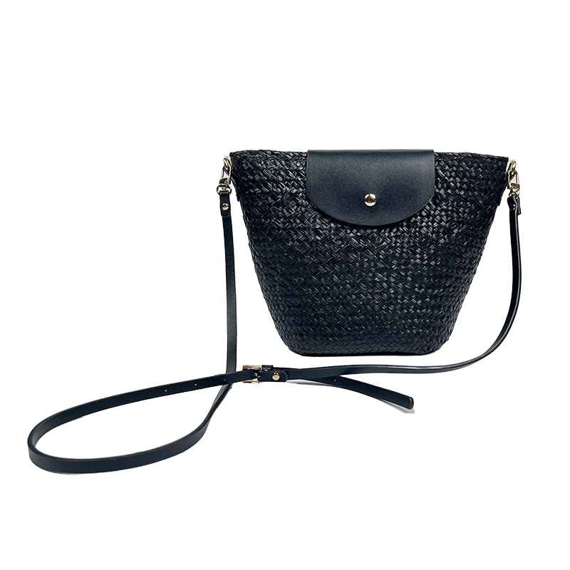 麻章太平蒲草纯手工编织斜跨包包简约小众高级感黑色单肩草编包