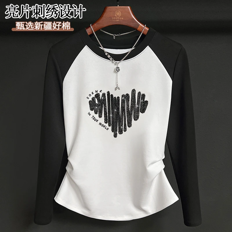【品质轻奢】显瘦女装上衣小众设计感黑白撞色长袖打底衫正肩袖t恤