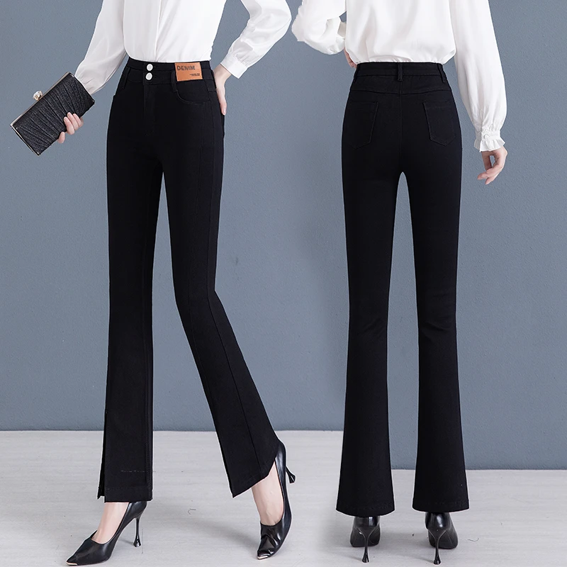 韩版开叉微喇牛仔裤女春秋季2025新款高腰显瘦休闲阔腿喇叭裤子