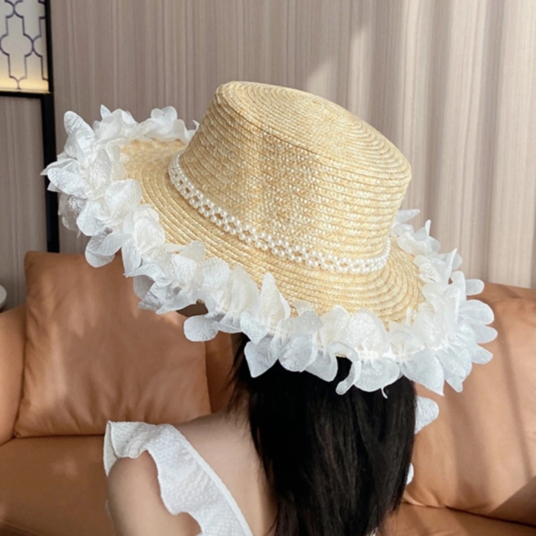 珍珠蕾丝花边平顶草帽渔夫帽2025新款仙女遮阳帽子防晒遮阳太阳帽