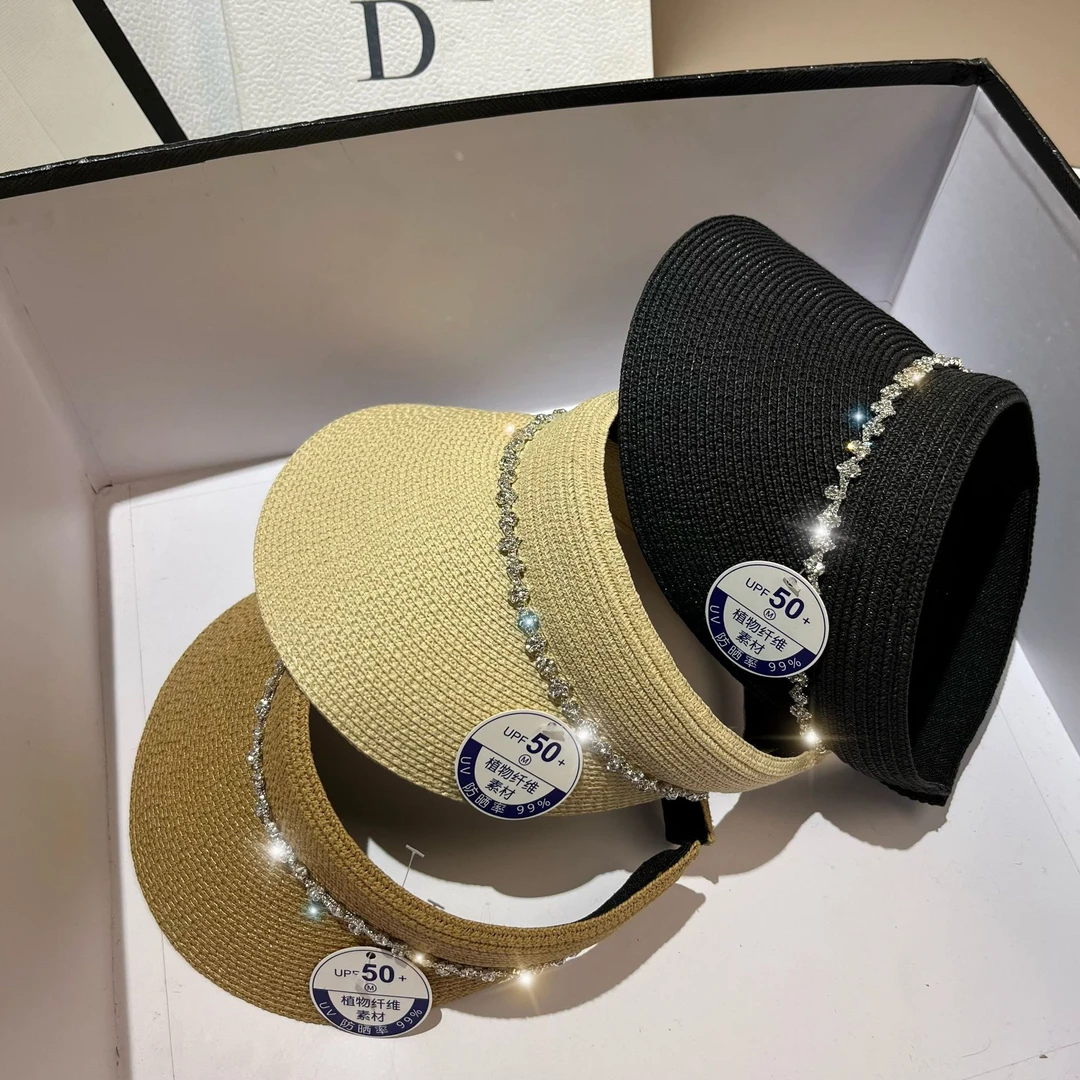 轻奢小众水钻空顶帽夏季韩版户外出游细草编织防紫外线遮阳太阳帽