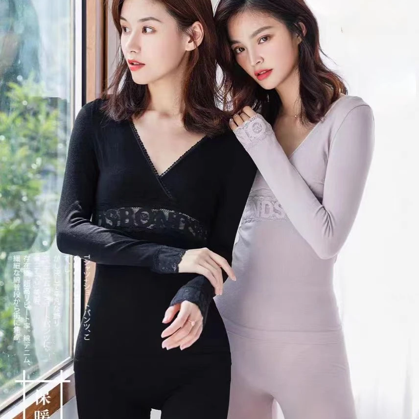 蕾丝V领字母镂空保暖上衣打底衫