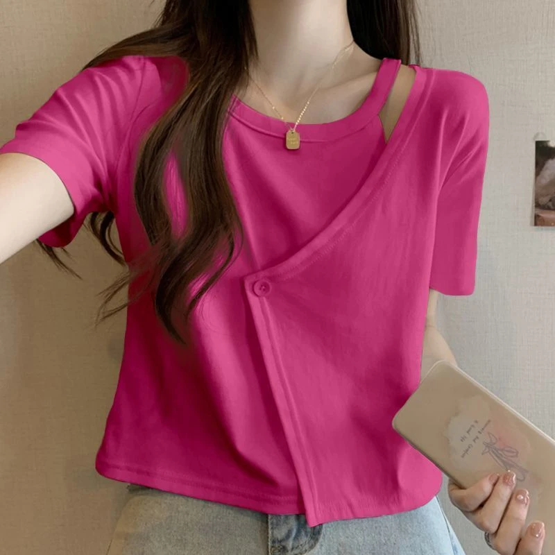 小众别致高级夏新款大码遮肚显瘦时尚设计感洋气正肩镂空小衫女款