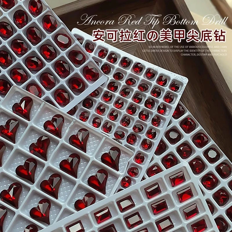 安可拉红色尖底美甲钻混装超闪红色歪心椭圆方糖长方水滴指甲配钻