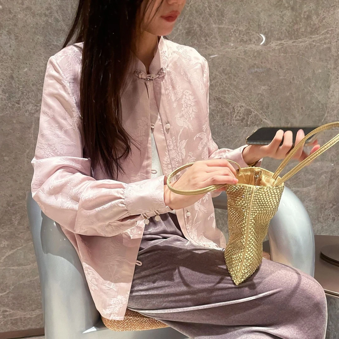 【藕荷】新中式国风立领桑蚕丝提花衬衫小众长袖衬衣气质复古设计感