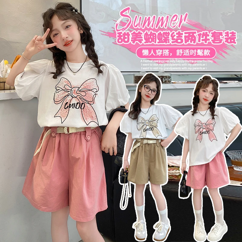 女童夏季新款中大童时尚女孩韩版时髦网红蝴蝶结烫钻套装洋气