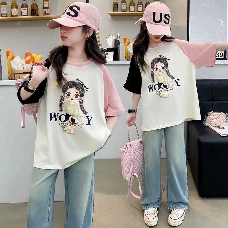 女童套装2024年夏季新款网红洋气休闲卡通印花T恤休闲牛仔套装潮