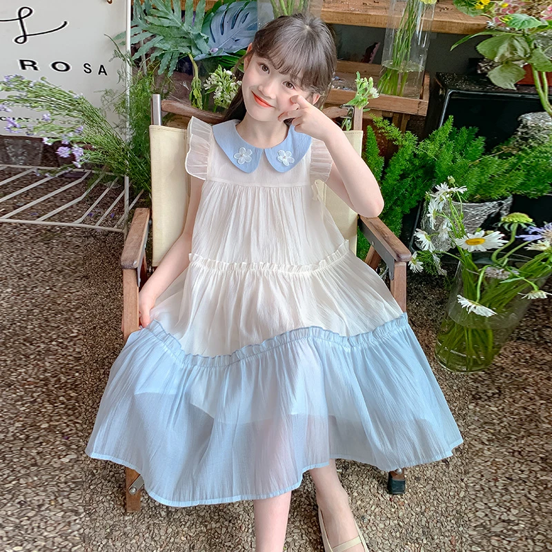 女童2024年无袖洋气女孩连衣裙夏季新款中大童甜美娃娃领连衣裙