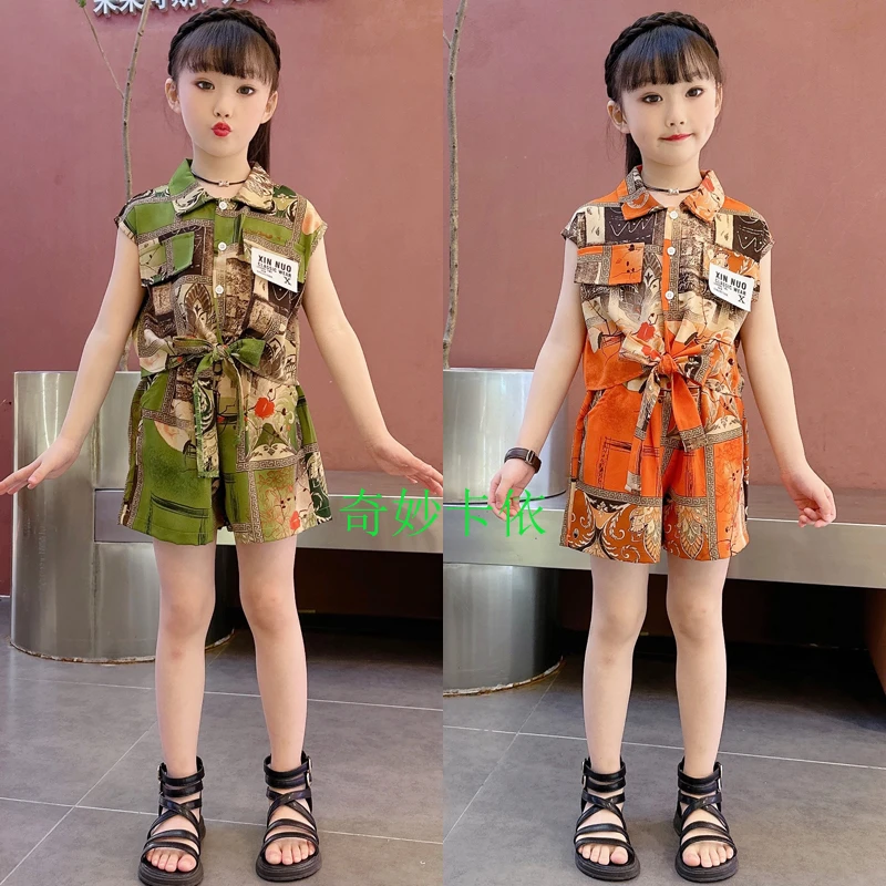 【奇妙卡依】女童无袖套装夏季新款中大童洋气时髦碎花衬衣两件套