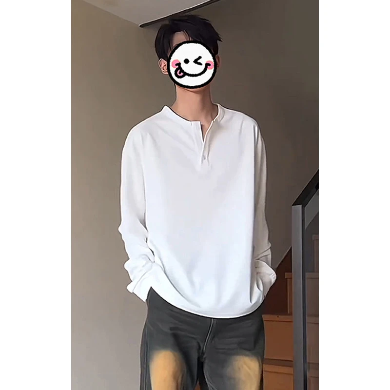 2025春新款亨利领长袖T恤男士百搭宽松复古体恤衫休闲运动上衣tee