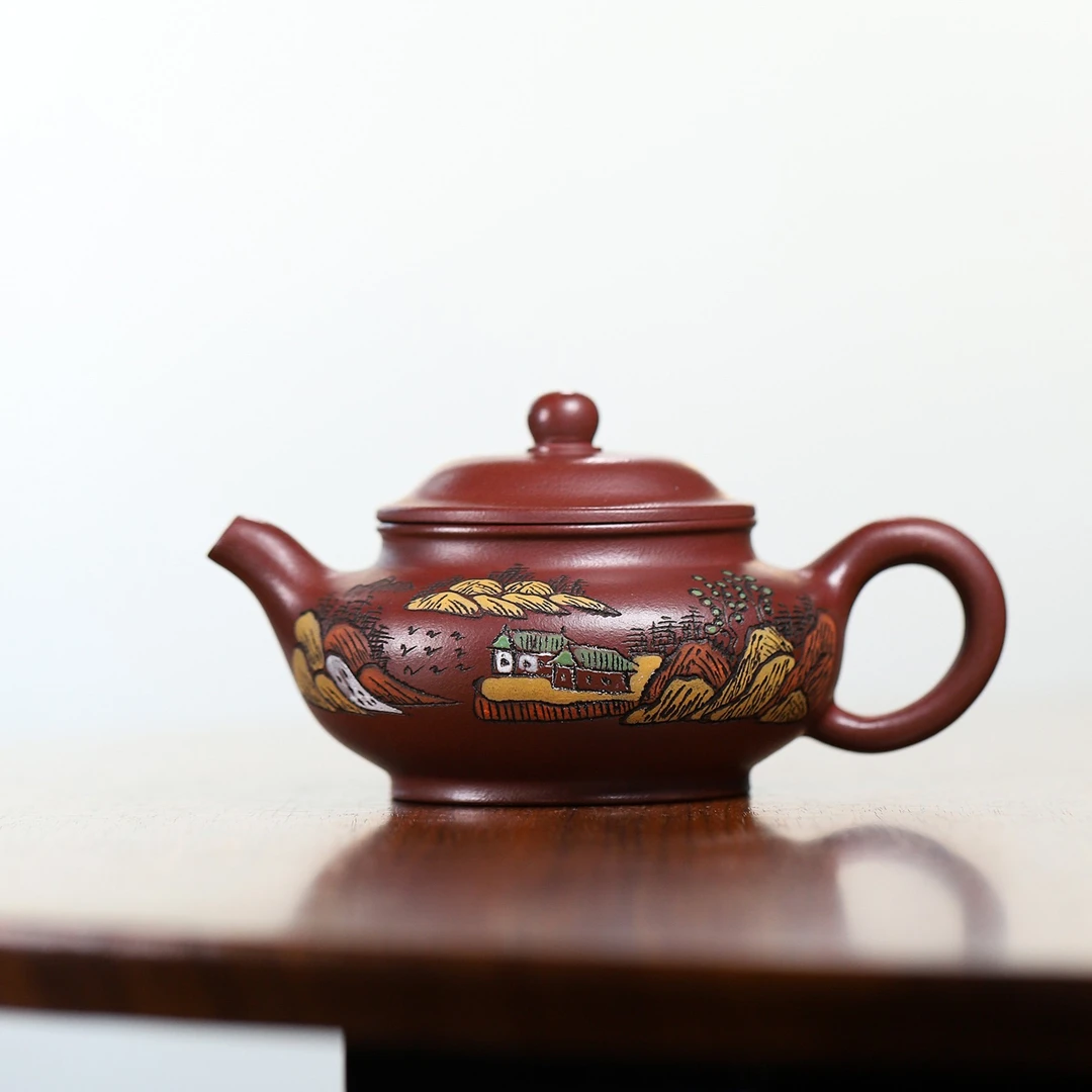 宜兴紫砂壶原矿龙血砂泥绘潘壶300cc手工紫砂壶茶具不挑茶泡茶壶
