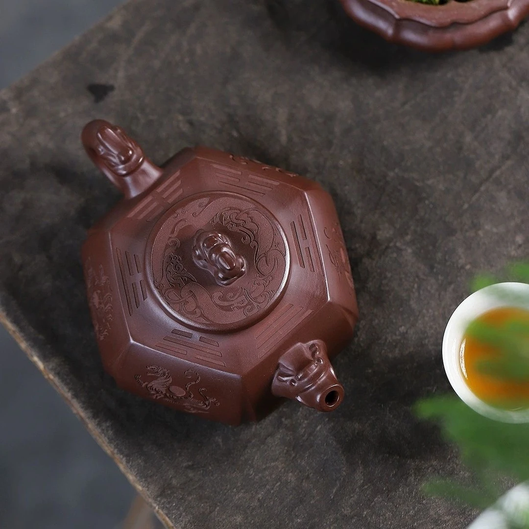 280cc六方祥瑞壶 宜兴手工刻绘原矿紫泥紫砂壶精美手制家用泡茶壶