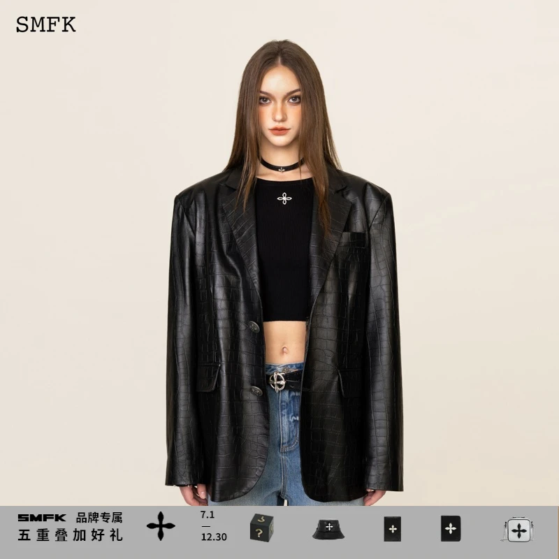 SMFK黑鳄鱼复古皮西装 SU002BC 休闲时尚宽松廓形皮衣外套