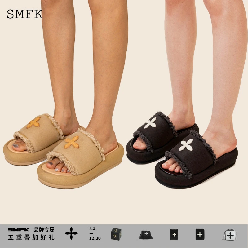 SMFK十字花经典帆布女士拖鞋 S0003B3 厚底增高一字拖