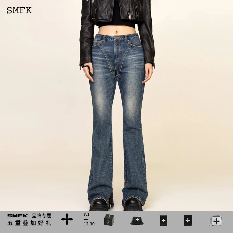 SMFK野马经典牛仔喇叭裤 PD007BL2 复古时尚修身高腰微喇长裤