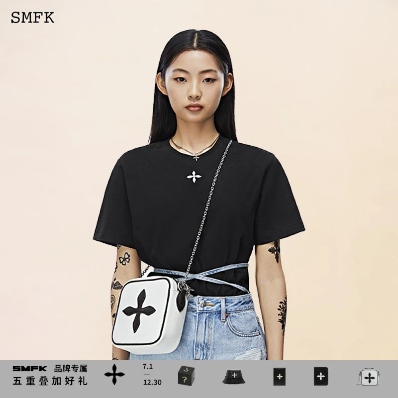 SMFK十字花机车Tee DT002B 沈月同款黑白短袖宽松圆领百搭