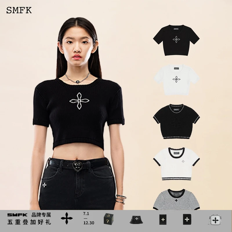 SMFK十字复古针织Tee UT004B+ 短款打底露脐显瘦T恤多色
