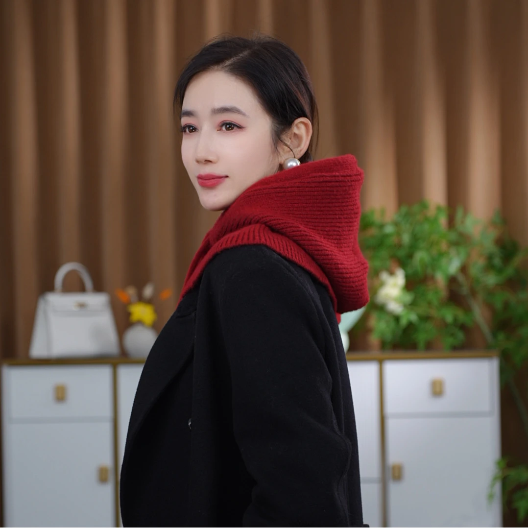 时尚针织可拉可拉法帽带纽扣女秋冬韩版保暖围脖护耳包头帽两用