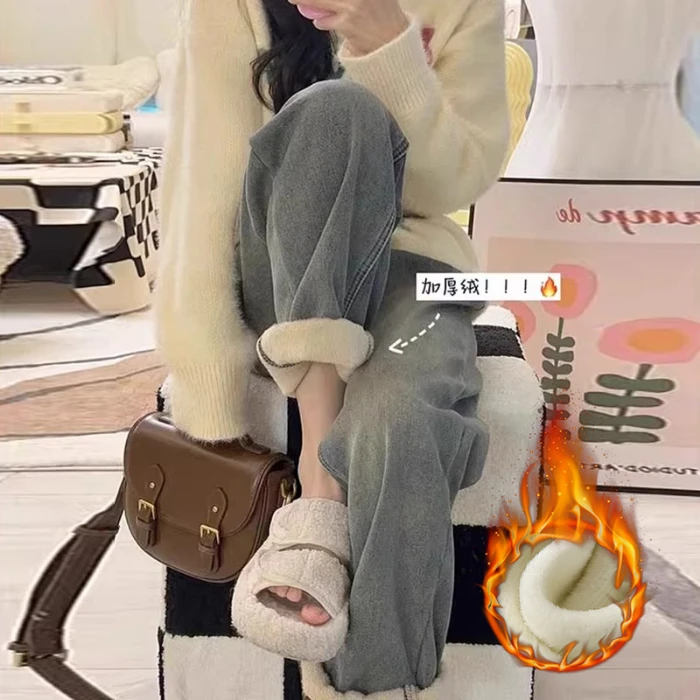 秋冬新款孕妇牛仔直筒裤宽松复古洗水加绒加厚冬装托腹哈伦老爹裤