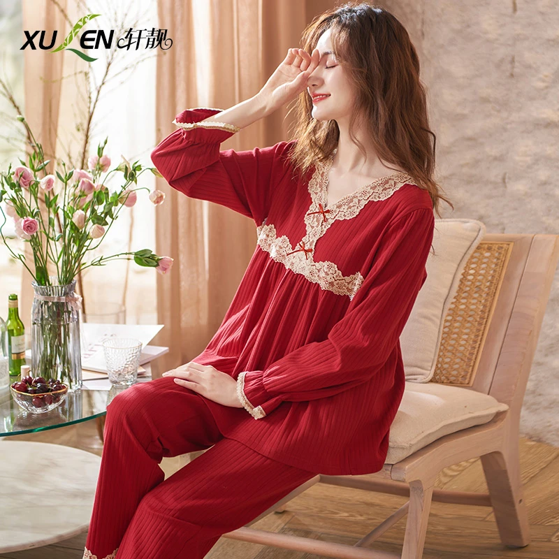 【纯棉】大码红色睡衣女春秋季长袖胖新婚结婚庆家居服本命年套装