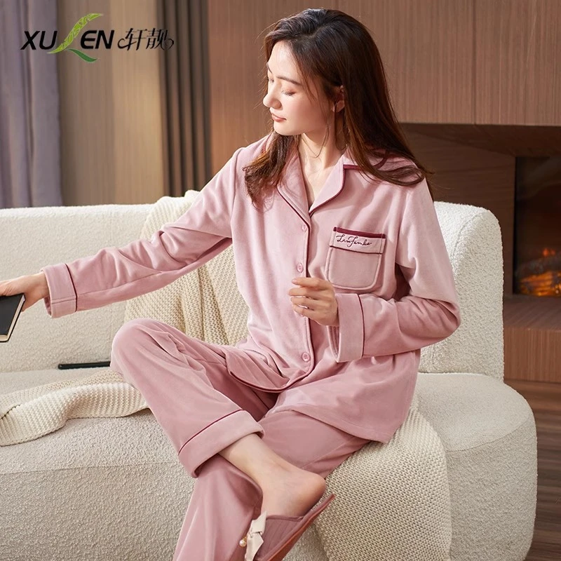 海岛绒睡衣女士春秋季春款薄绒加厚加绒保暖珊瑚绒家居服秋天套装