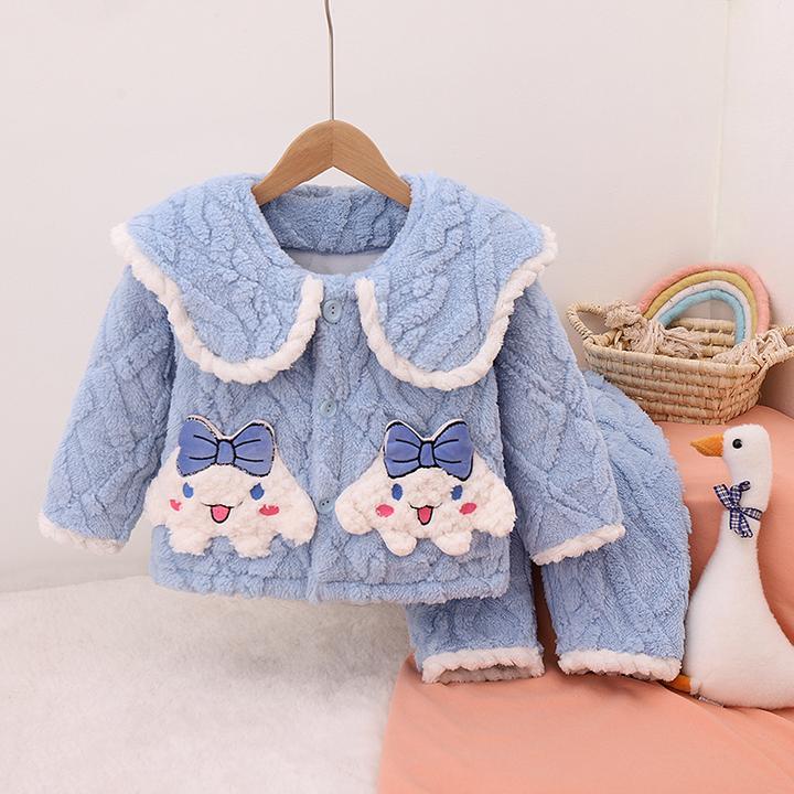 女童冬季三层夹棉加厚法兰绒家居服套装女孩小宝宝珊瑚绒保暖睡衣