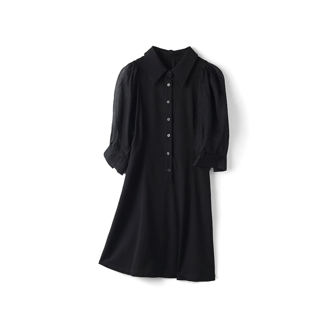 32317【哈系列】翻领黑色连衣裙小黑裙HNL176