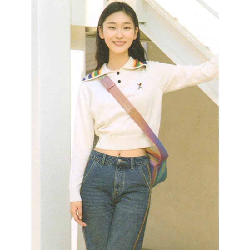 37489【她系列】彩虹翻领学院风针织衫2216233