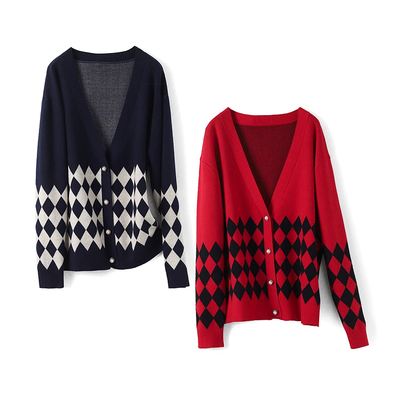 26719【麦系列】菱形格子毛衣开衫针织223M6872