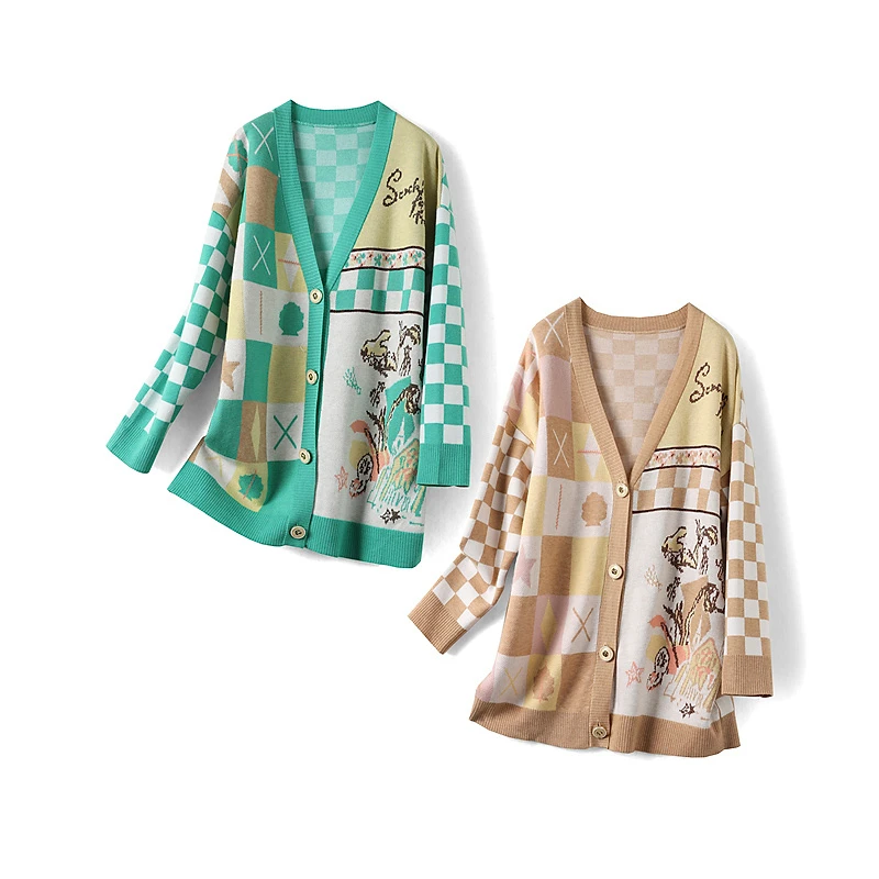 15512【木系列】复古格纹港风V领针织衫2112717M5