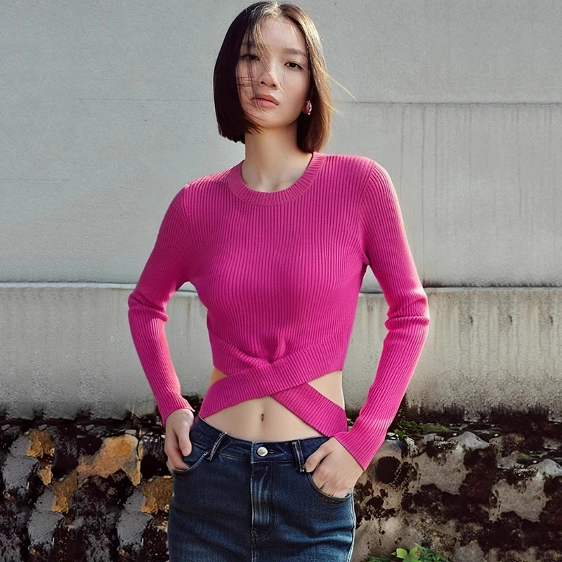 38426【依系列】腰部交叉辣妹针织衫2J121722D