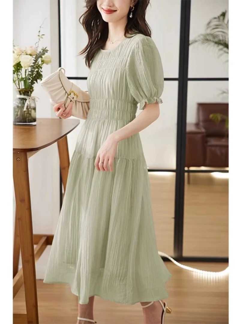 YANZI法式V领泡泡袖显瘦气质长款收腰纯色怦然心动女装连衣裙甜美