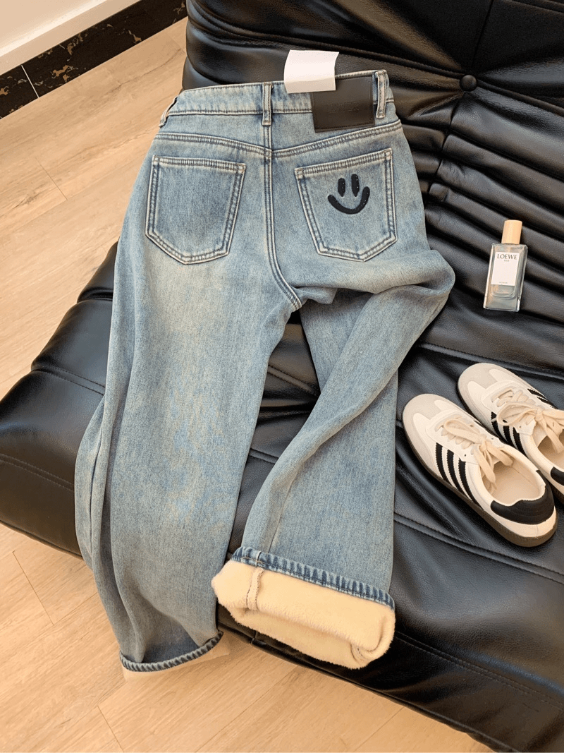 【加绒】不贴腿刺绣笑脸牛仔裤女冬2023新款加绒加厚垂感直筒阔腿