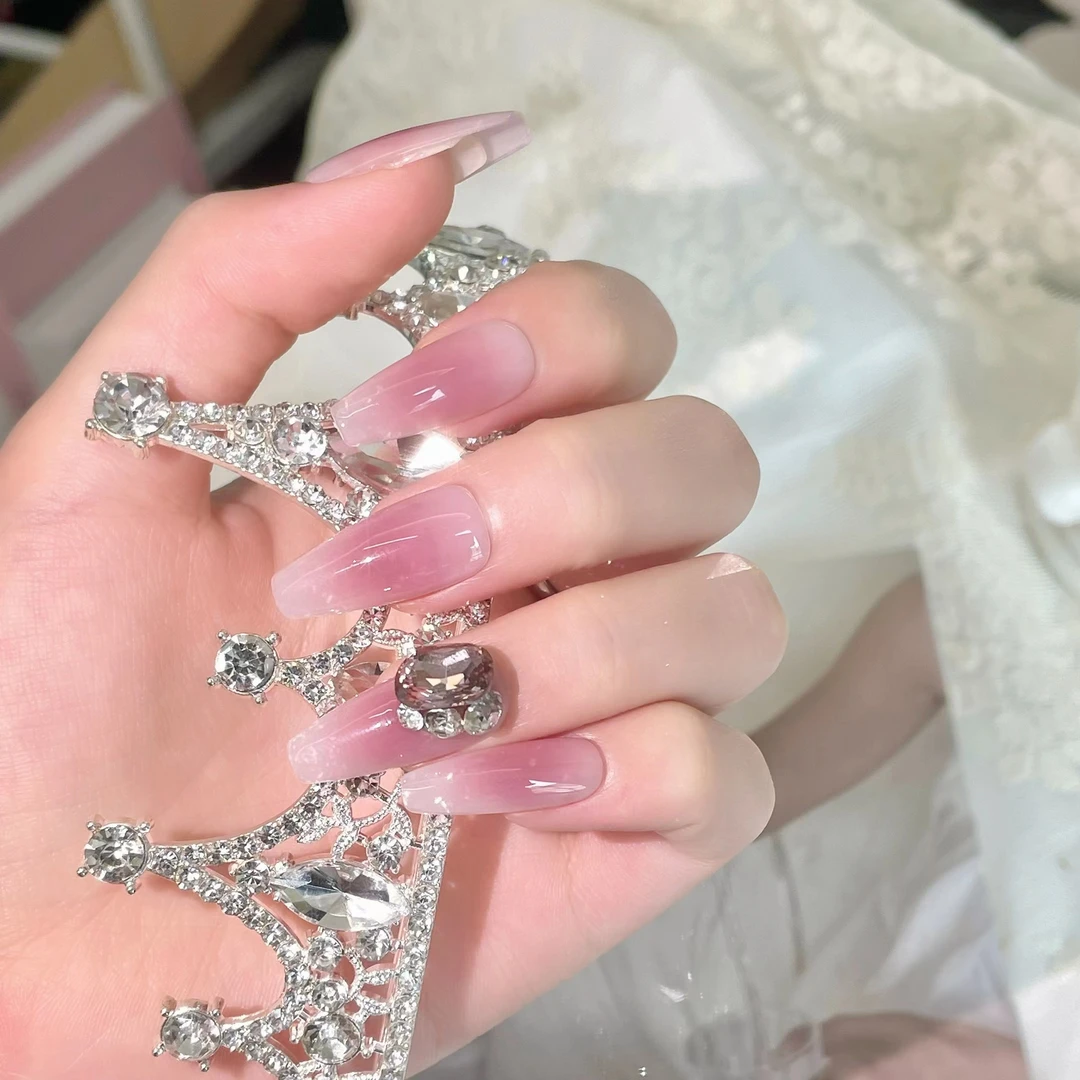 【葡萄镶嵌法】纯手工穿戴甲超闪华子钻渐变粉嫩高颜值光疗美甲片