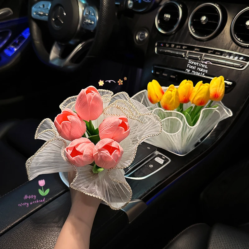 车载摆件郁金香花束ins风浪漫网红新款汽车中控台车内装饰品女生