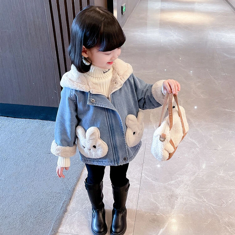 女童加绒牛仔外套2025新款冬装儿童秋冬款加厚棉服女宝宝冬季棉衣