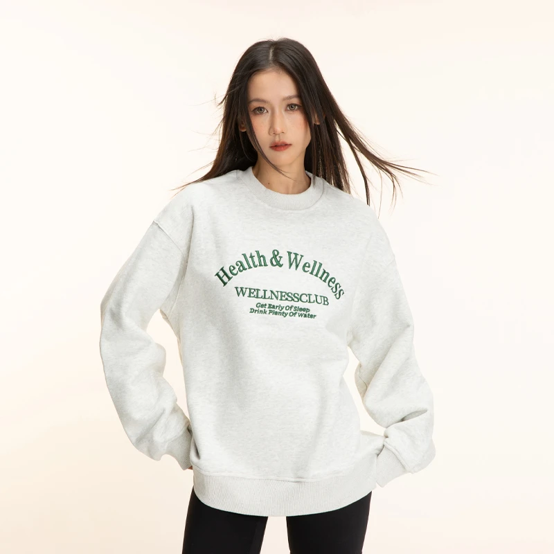 bailemade主题刺绣圆领长袖宽松套头卫衣春季百搭上衣女