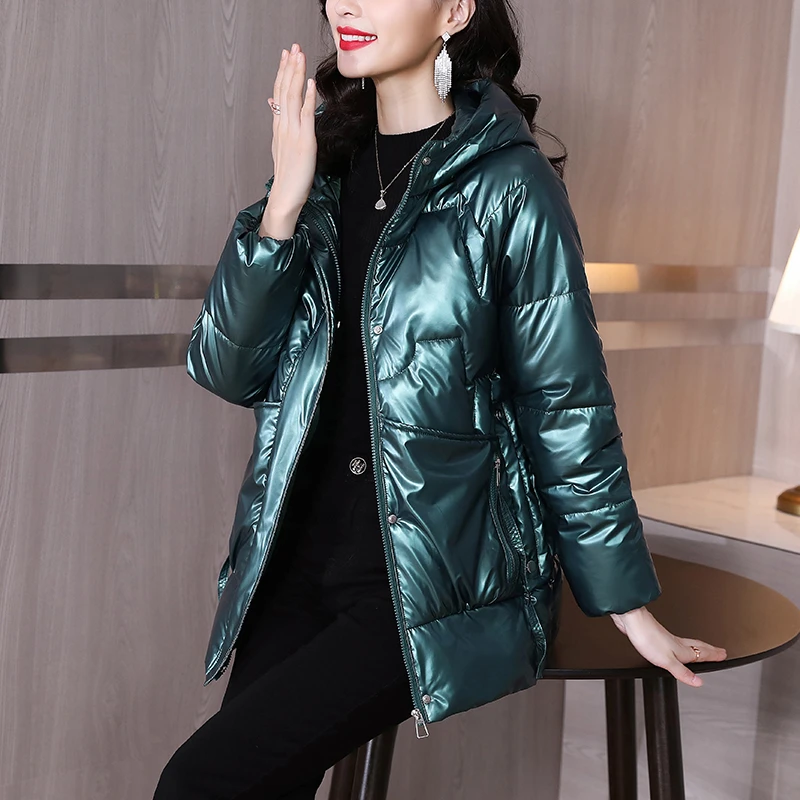 亮面免洗棉服女2023新款时尚爆款女棉衣加厚中长款连帽棉袄女外套