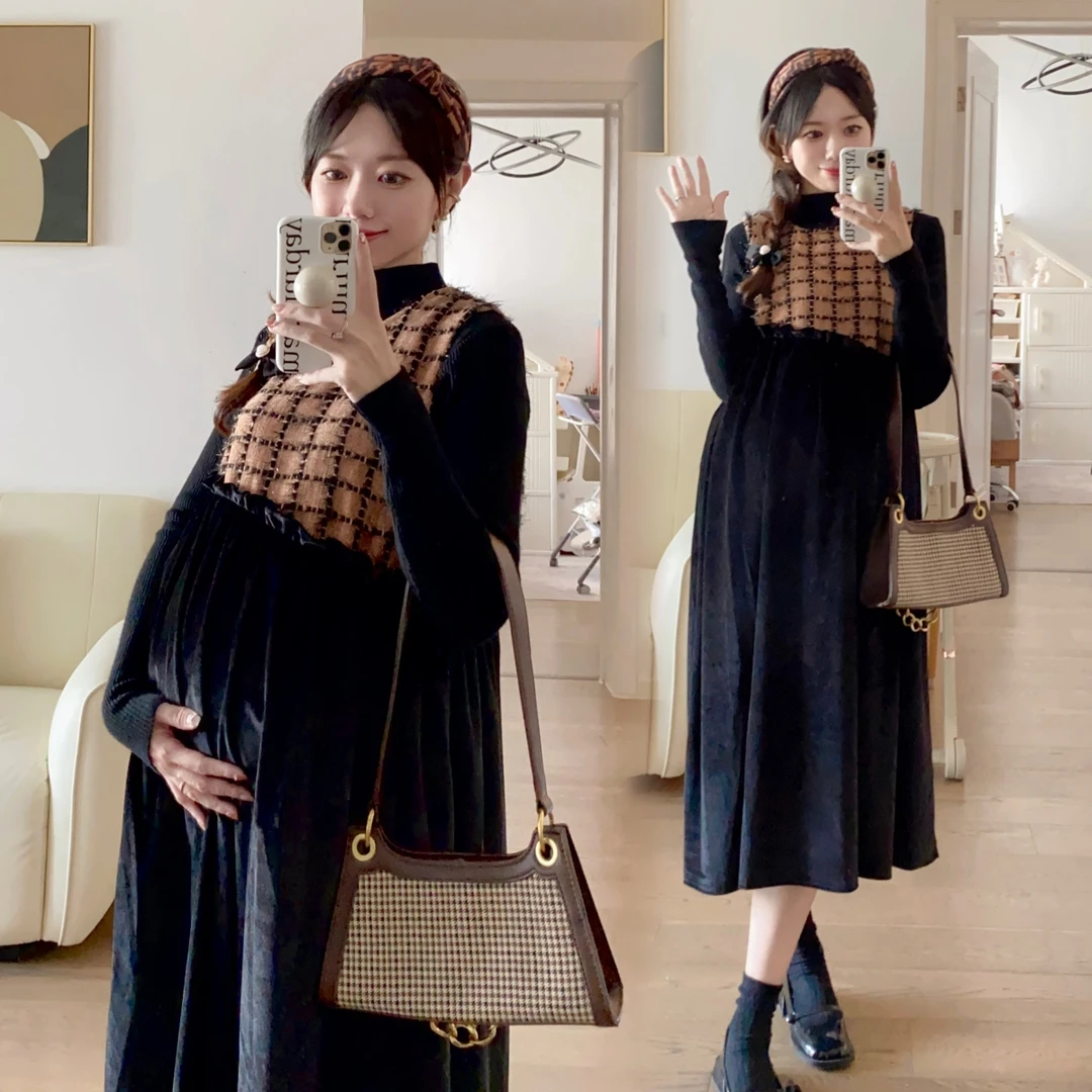 2023网红孕妇套装秋冬新款格子拼接金丝绒背心裙毛衣打底两件套