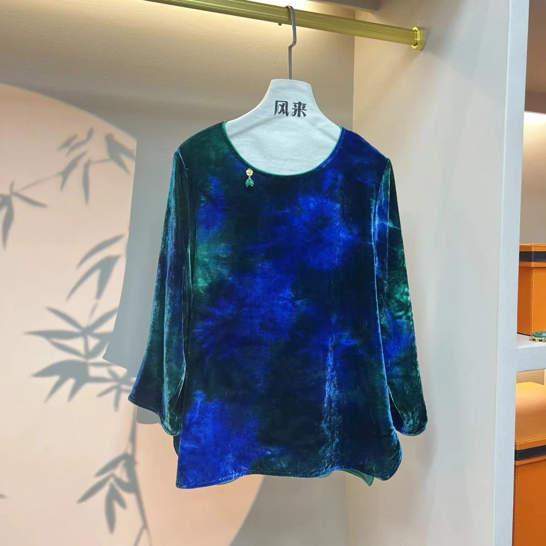 桑蚕丝扎染圆领九分袖时尚衬衫 真丝丝绒晕染宽松显瘦小衫女