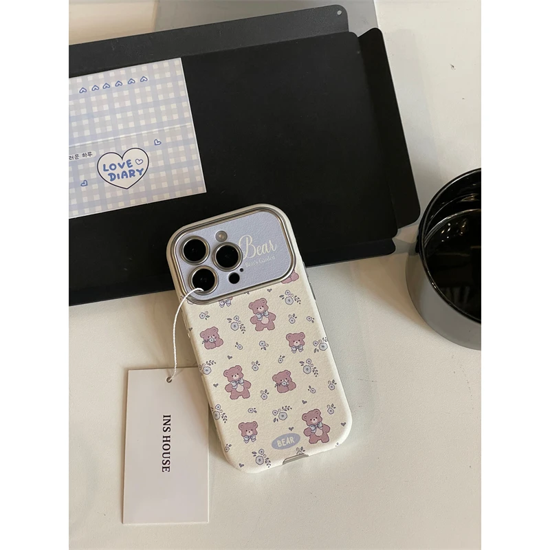 适用苹果系列iPhone15小众贴皮14pro蓝色碎花小熊13p新款12手机壳