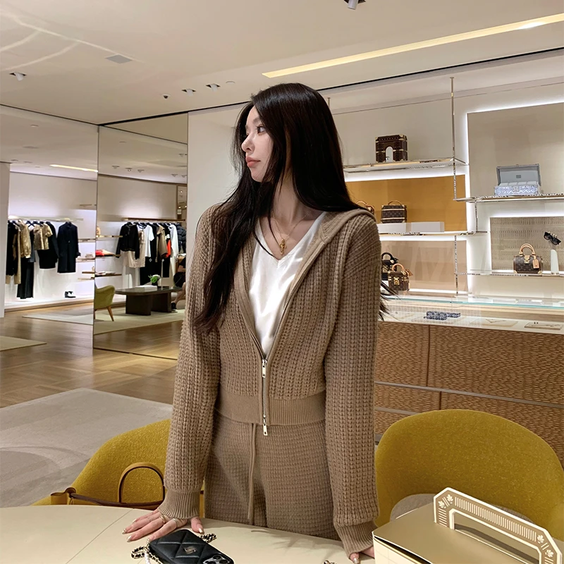 「a10老钱华夫格套装」连帽上衣+内里仿貂针织长裤 慵懒松弛