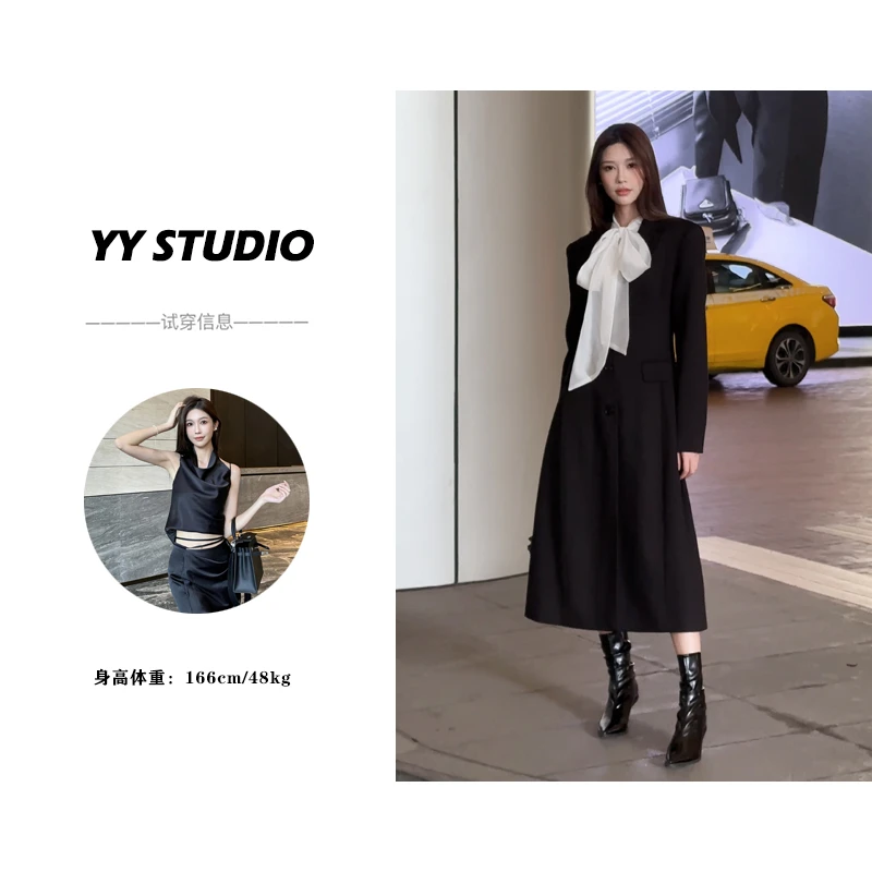 【YY STUDIO】气场全开秋冬气质中长款西装外套+飘带白衬衫+皮短裤
