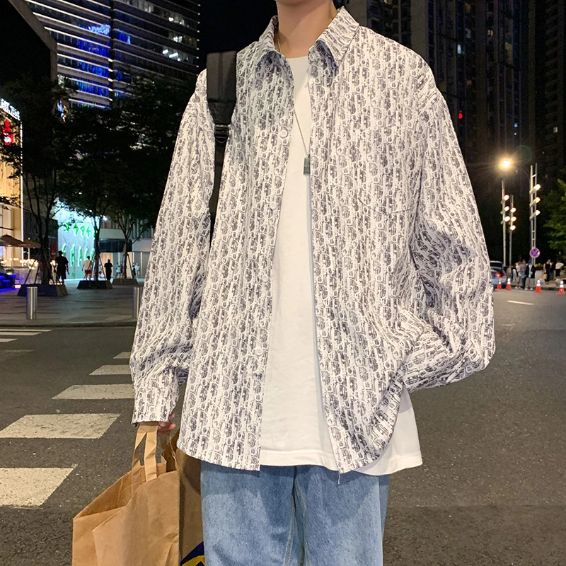 早春秋季衬衫男设计感扎染满印上衣长袖潮流百搭休闲花衬衣