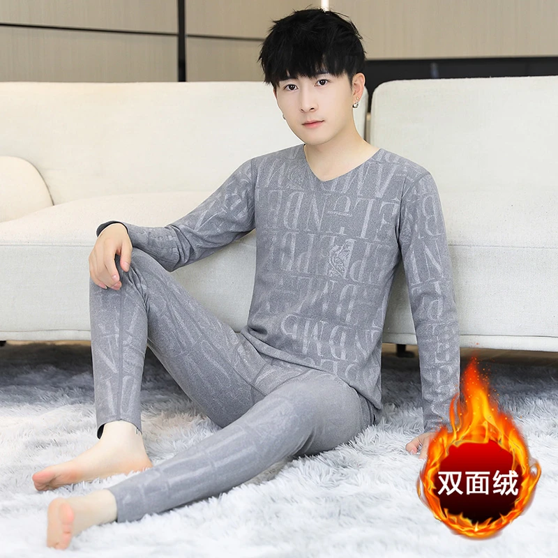 男士保暖内衣套装双面加绒薄款秋衣秋裤男生修身V领打底衫秋冬季