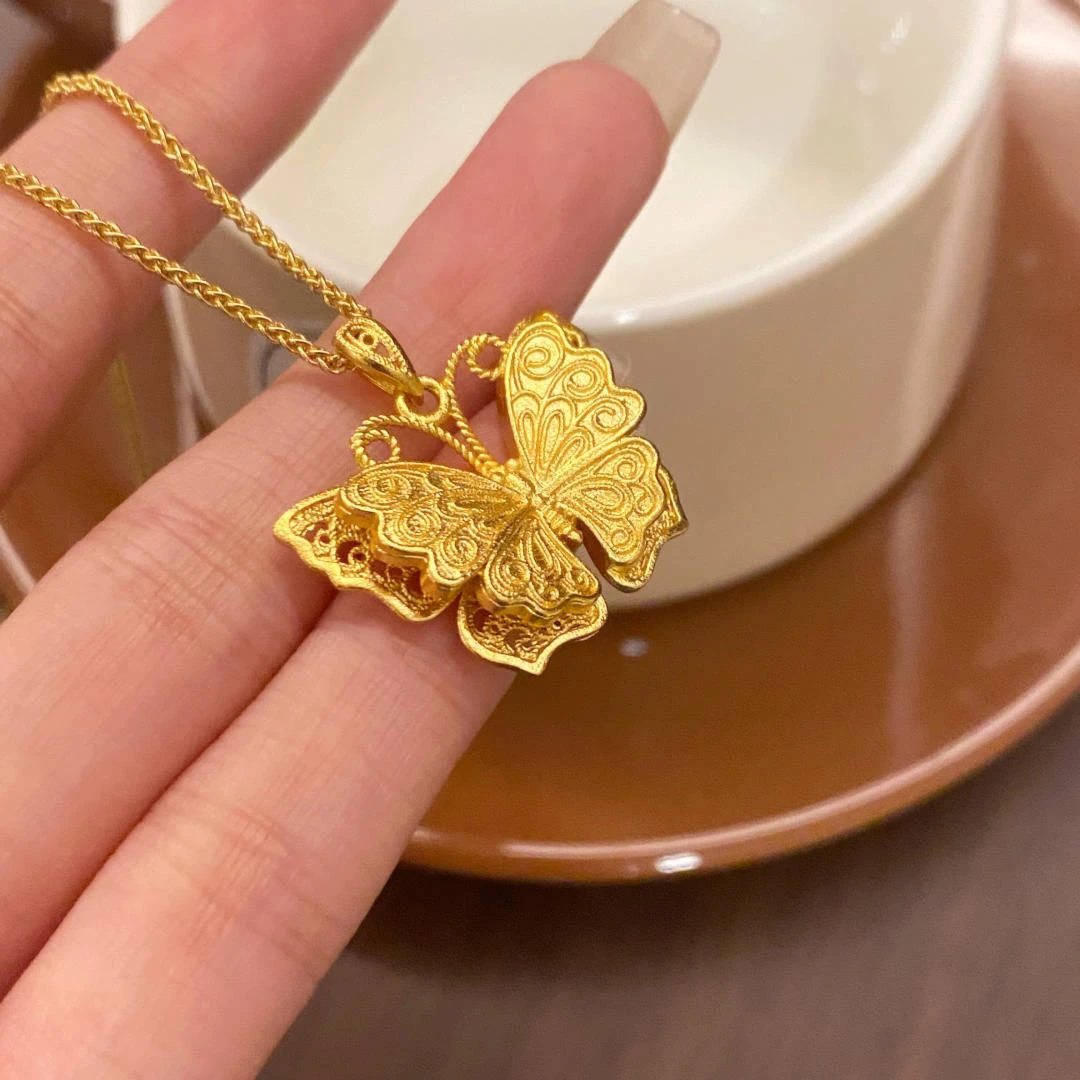 铜合金项链 新中式国风 古法镂空花丝蝶舞吊坠福蝶项链（45+5链长