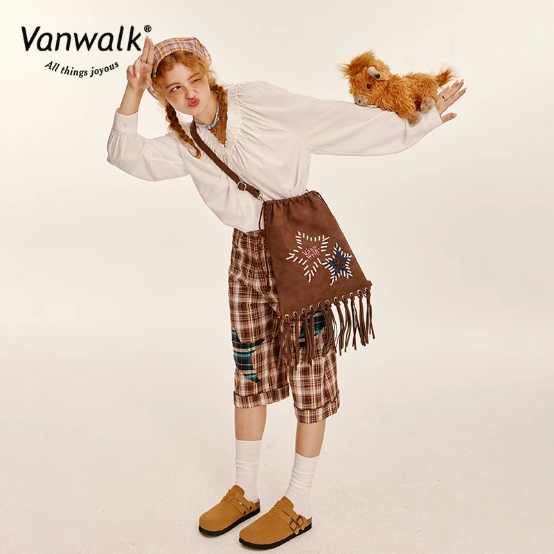 VANWALK牛仔系列 美式复古少女星星流苏双肩包抽绳束口斜挎包ins
